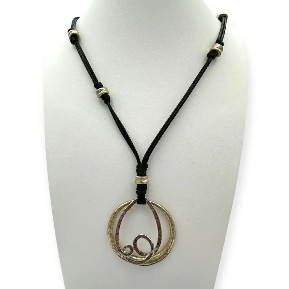 Chicos 2 pendant necklace on a "rope" 31 inches around, black strand, silver/gol